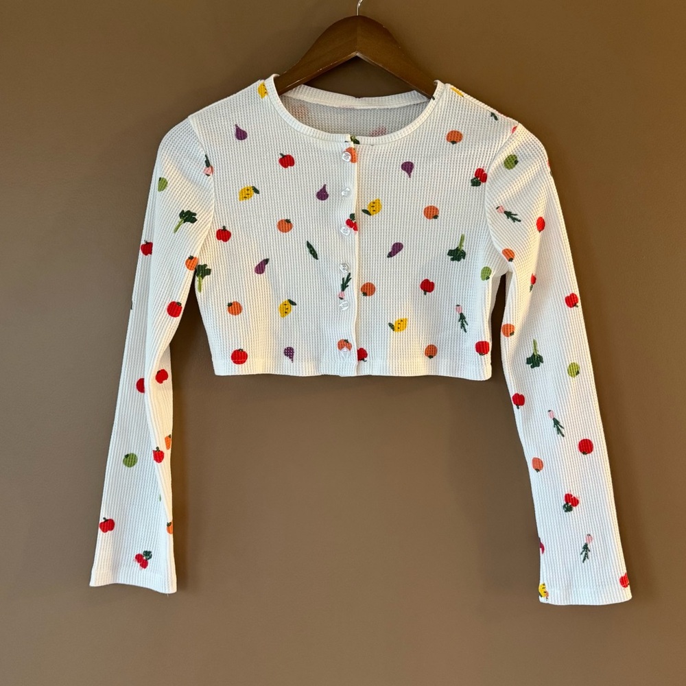 Linjia Shop Crop WaffleKnit Button Front Long Sleeve Top Fruit Vegetable Print S